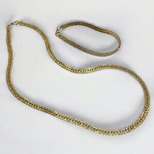 Gold Tone Top Quality Necklace & Bracelet Set Flat Chain Classic Costume Jewelry